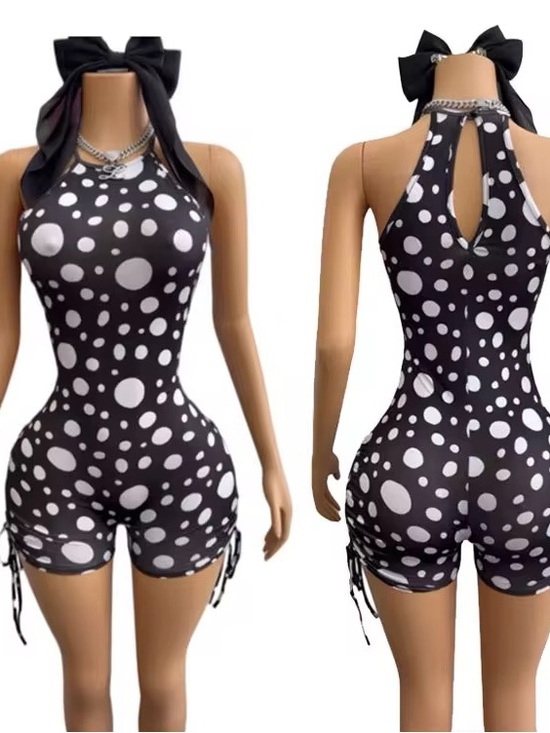 Pants - Black & White Polka Dot Halter Romper